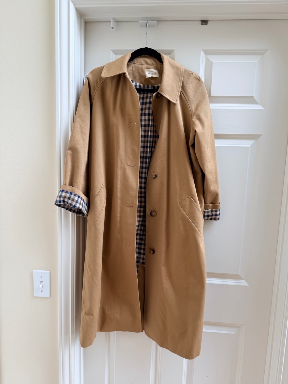 Sezane Clyde Tan Trench Coat with Checked Lining
